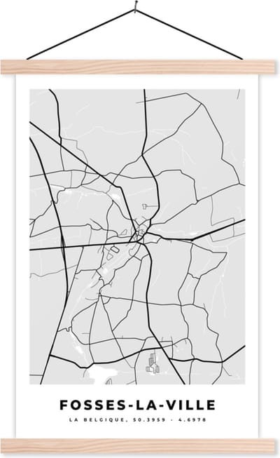 Posterhanger incl. Poster 40x60 cm - Schoolplaat - Stadskaart – Plattegrond – België – Zwart Wit – Fosses la Ville – Kaart - Textielposter - Blanke latten - Stadskaart