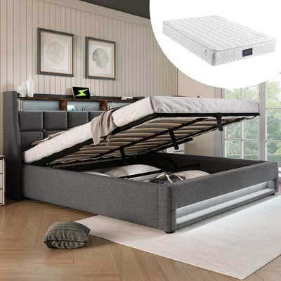 STILVORA Tweepersoonsbedden 140x200 cm - Gestoffeerd Bed Met Metalen Lattenbodem En LED - Linnen - Grijs （Met matras）