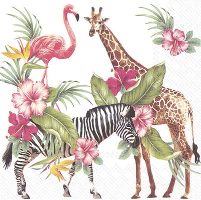 IHR tafel servetten Tropische safari dieren - 20x stuks - 3 laags - 33 x 33 cm - Flamingo - Giraf - Zebra