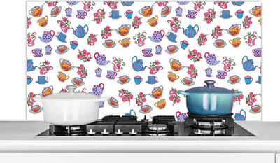 Spatscherm keuken 120x60 cm - Kookplaat achterwand Patronen - Thee - Rozen - Theepot - Muurbeschermer - Spatwand fornuis - Hoogwaardig aluminium