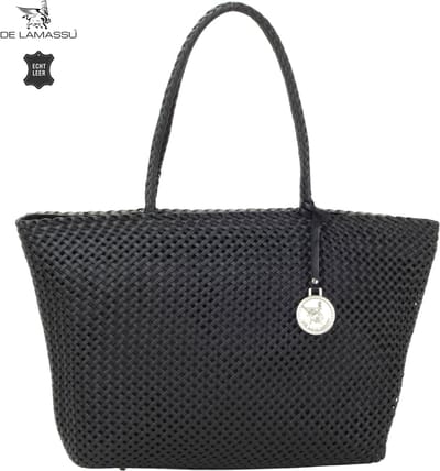 DE LAMASSU® Shopper Dames Echt Leer – Gevlochten Schoudertas – Grote Leren Handtas met Ritssluiting – Ruime Damestas voor Werk, Boodschappen en Dagelijks Gebruik – 48 x 30 x 13 cm