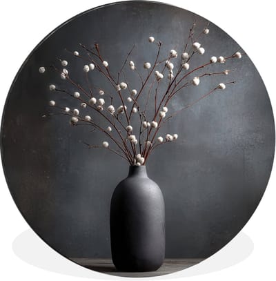 WallCircle - Wandcirkel - Muurcirkel - Takken - Vaas - Bolletjes - Wit - Aluminium - Dibond - 30x30 cm - Binnen en Buiten