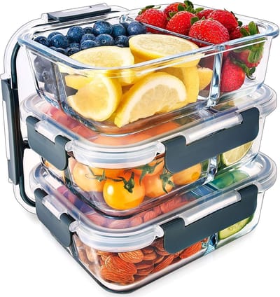Famanu - Glazen meal prep containers met luchtdichte kliksluiting deksels – portie controle voedsel vershoudbak – bpa vrij – magnetron, vriezer en vaatwasserbestendig [3 stuks] (3 compartimenten)