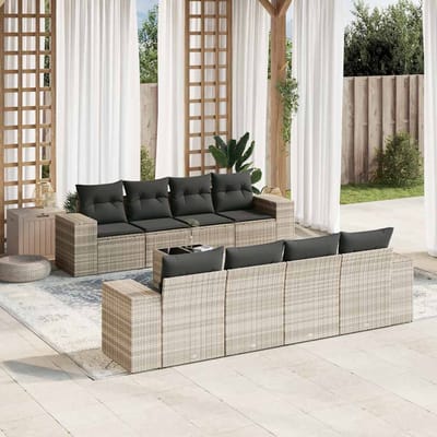 vidaXL - 9-delige - Loungeset - met - kussens - poly - rattan - lichtgrijs