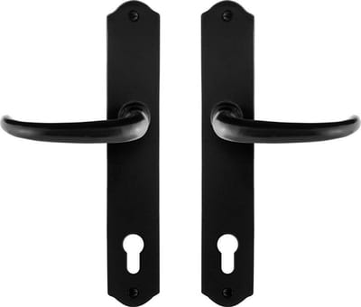 Deurkruk op schild - Smeedijzer zwart - Gietijzer - GPF - GPF6205.60 smeedijzer zwarte Deurklink Uhka op PC92, 238x41x4mm