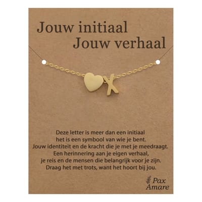 Letter X Armband op Cadeau Kaartje - Jouw initiaal, jouw verhaal - 15,5cm + 5,5cm verstelbaar Goudkleurig Stainless Steel - Initiaal & Hartje Hanger - Pax Amare