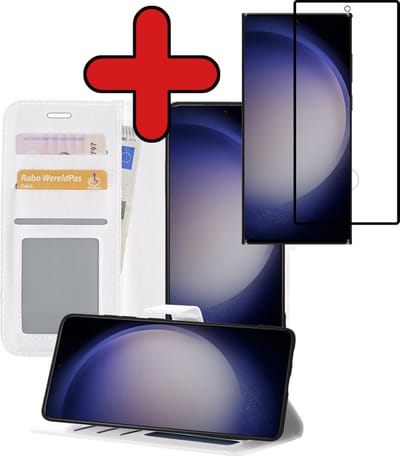 Hoesje - Met Screenprotector - Geschikt voor Samsung Galaxy S23 Ultra - Luxe Pasjeshouder - Flipcase - Bookcase Portemonee - Flip Case - Kunstleer Book Case - Book Cover - Walletcase - Portemonneehoes - Telefoonhoes - Wit