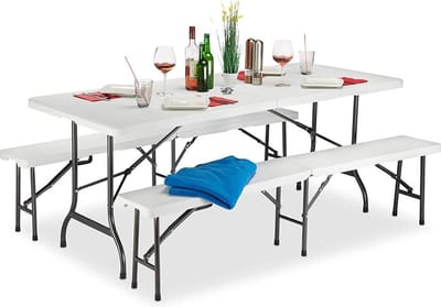 MaxxGarden tuinset picknick Biertafel met banken - Vouwbare tuintafel + 2 vouwbare zitbanken - wit