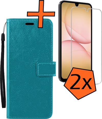 Hoes - Met 2x Screenprotector - Geschikt voor Samsung Galaxy A17 - Luxe Pasjeshouder - Bookcase Portemonee - Flip Case - Kunstleer Book Case - Flipcase Hoes - Book Cover - Walletcase - PortemonneeHoes - Turquoise