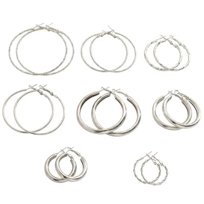 Set van 8 Paar Zilverkleurige Hoepel oorbellen voor Dames – Diverse Maten en Designs met Gladde, Gedraaide en Gehamerde Afwerking