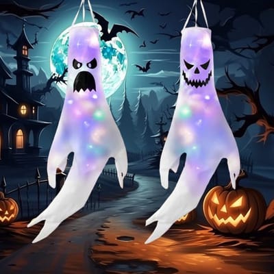 Thijox - 2 stuks Halloween spook hangende decoratie met led-verlichting, kleurrijke luchtgreep, accessoires voor Halloween-feest, spookvorm, opvallend