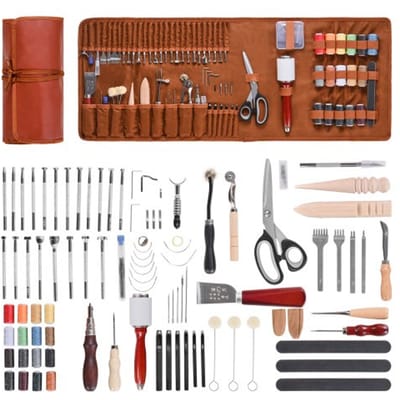 VEVOR 92-delige set leerbewerkingsgereedschap met draagbare opbergtas van canvas, grafisch gereedschap, stansgereedschap, naaigereedschap, snijgereedschap, ideaal voor beginners en professionals.