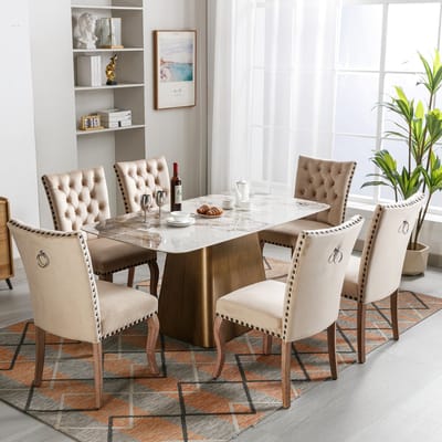 Sweiko Eetkamerstoel (Keukenstoel, Woonkamer Stoel met unieke deurringen op de rug, 6-delig), Gewatteerde stoel met spijkerhoofd decoratie, massief houten poten, fluwelen cover, Lichte kameelkleur(excl. tafel)