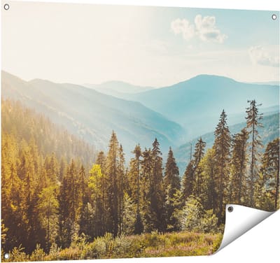 Gards Tuinposter Bos met Bomen in de Hoge Bergen - 100x80 cm - Tuindoek - Tuindecoratie - Wanddecoratie buiten - Tuinschilderij