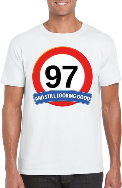97 jaar and still looking good - t-shirt met verkeersbord print - wit - voor heren - verjaardag cadeau - party - feestartikelen 97 jarige S