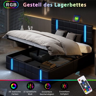 Gestoffeerd bed 160x200 cm met LED Verlichting en USB, Tweepersoonsbed met lattenbodem, Opbergbed bedframe met Hydraulische Opbergruimte, PU Zwart, zonder matras
