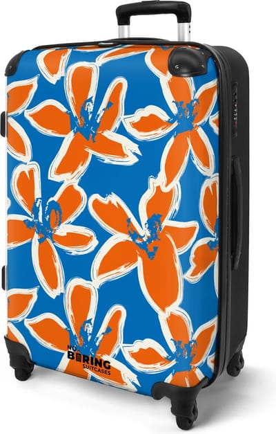 NoBoringSuitcases.com® - Koffer groot - Rolkoffer lichtgewicht - Blauw met oranje bloemen - Reiskoffer op 4 wielen - Travel luggage suitcase - Vakantie - Valies grote trolley XL - 20 kg bagage