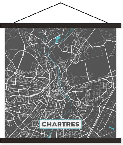 Posterhanger incl. Poster 60x60 cm - Schoolplaat - Chartres - Frankrijk - Plattegrond - Kaart - Stadskaart - Textielposter - Zwarte latten - Stadskaart