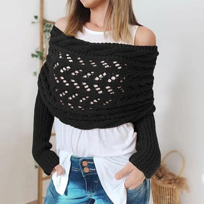 Gilet enveloppant à manches en maille tressée, couleur unie, motif ajouré torsadé au crochet, châle écharpe pour femme, style bohème, écharpe pull black
