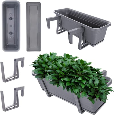 KADAX Wamat, set met onderzetter, met of zonder bloembakhouders, van kunststof, plantenbak, balustrade, bloempot (antraciet, 50 cm + houders)