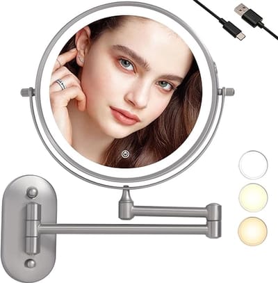 Wandgemonteerde make-upspiegel, 20,3 cm, 1 x en 10-voudige vergroting, intelligente helderheidsinstelling, 3 lichtkleuren (nikkel zand-10x)