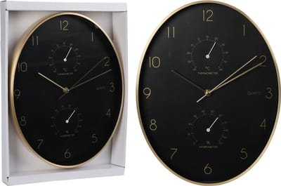 Vilde - Ovale Zwarte en Gouden Muurklok - 27x34,5 cm - Met Thermometer en Hygrometer