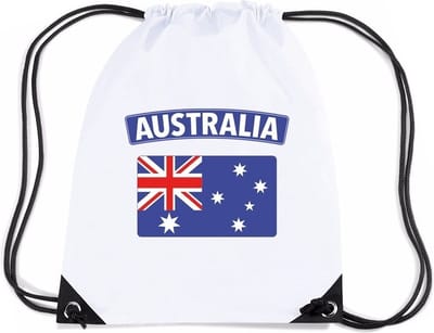 Australie thema sporttas - nylon rijgkoord rugzak - wit met vlag print - supporters - 11 liter - 45 x 34 cm