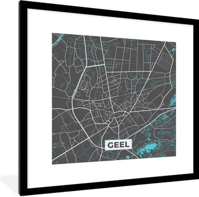 Fotolijst incl. Poster - Stadskaart – Grijs - Kaart – Geel – België – Plattegrond - 40x40 cm - Posterlijst