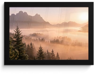 Poster in lijst - Fotolijst 30x20 cm - Posters - Zonlicht - Mist - Bergen - Bomen - Posterlijst zwart - Decoratie - Wanddecoratie woonkamer - Muurdecoratie slaapkamer