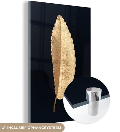 MuchoWow® Glasschilderij 120x180 cm - Schilderij acrylglas - Bladeren - Black and gold - Luxe - Chic - Natuur - Foto op glas - Schilderijen