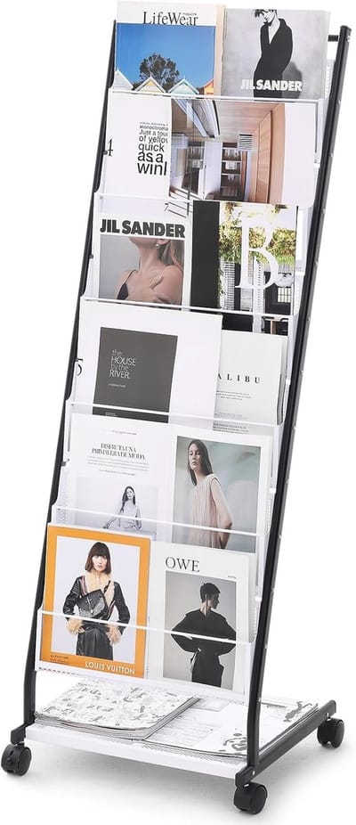 Allero Tijdschriftenhouder - Boekensteun - Boekenstandaard - Brochurehouder - 6-Laags - 4 Draaibare Wielen - Zwart - 135cm hoog