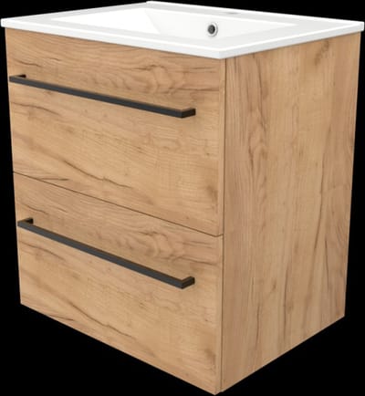Basic Start 46 badmeubelset met wastafelonderkast met grepen, 2 lades en porseleinen wastafel met 1 kraangat 60 x 46 cm, whisky oak