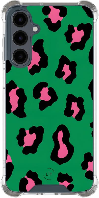 Shockproof hoesje - Geschikt voor Samsung Galaxy A16 - Luipaard groen roze - Extra sterke case - TPU/polycarbonaat - Luipaardprint - Groen, Roze, Transparant