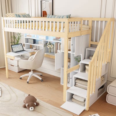 Wishdor Hoogslaper 90x200 cm - Bureau, opbergladder, planken & led - Grenen en MDF - Wit/Naturel - Creëer een efficiënte studeer- en slaaphoek