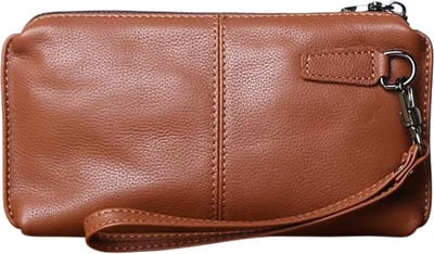 Heren Leren Handtas – Leren Clutch Heren & Telefoontas – Retro Portemonnee met Rits (Grote Capaciteit) - Bruin