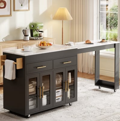 Wishdor - Keukenkast - Uittrekbaar werkblad - Lades en glazen deuren - Modern - Kleine keuken of appartement - Houtlook - Zwart - 132,5-217 x 50 x 93 cm