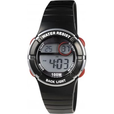 Xonix KE-008 - Horloge - Digitaal - Kinderen Unisex of Vrouwen - Siliconen band - ABS - Cijfers - Achtergrondverlichting - Alarm - Start-Stop - Chronograaf - Tweede tijdzone - Waterdicht - 10 ATM - Zwart - Rood - Zilverkleurig