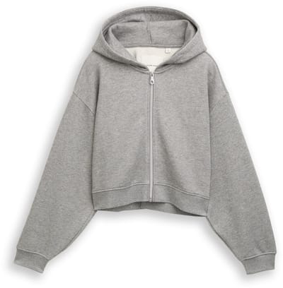 Tom Tailor - Cropped hoodie Sweatjack met glitterlook - Maat 128 - grey melange with glitter