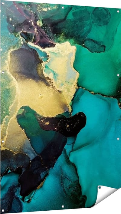 Gards Tuinposter Abstracte Kunst - Groen met Goud - 100x150 cm - Tuindoek - Tuindecoratie - Wanddecoratie buiten - Tuinschilderij