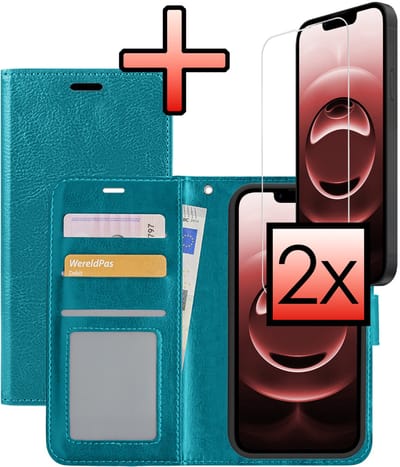 Hoesje - Met 2x Screenprotector - Geschikt voor Apple iPhone 16e / 17e - Luxe Pasjeshouder - Bookcase Portemonee - Flip Case - Kunstleer Book Case - Flipcase Hoes - Book Cover - Walletcase - Portemonneehoes - Turquoise
