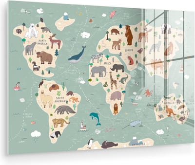 ® Glasschilderij 120x80 cm - Schilderij acrylglas - Aarde - Wereldkaart kinderen - Dieren - Jongens - Meiden - Blauw - Foto op glas - Muurdecoratie woonkamer - Wanddecoratie slaapkamer - Schilderijen