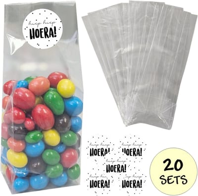 20x Uitdeelzakjes Met Sluitstickers - 20 Stickers & 20 Zakjes - Blokbodemzakjes - Cellofaanzakjes - Traktatie Blokbodem Zakjes - 80 x 50 x 250mm - 20 Sets - Hiep Hiep Hoera