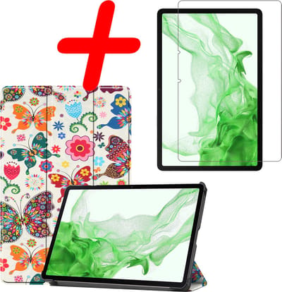Hoesje Geschikt voor Samsung Galaxy Tab S8 - Met Screenprotector - Trifold Bookcase - Hard Cover - Hardcover Book Case - Tablet Hoes - Vlinders