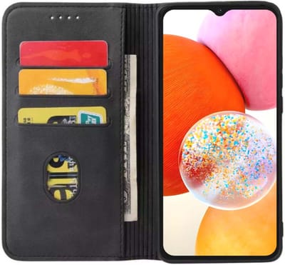 Smartphonica Samsung Galaxy A14 kunstleren hoesje met magnetische sluiting en pashouders book case - Zwart geschikt voor Samsung Galaxy A14