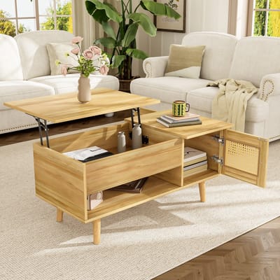 Sweiko Salontafel - Opklapbaar tafelblad - Rotan deur - Originele houtkleur