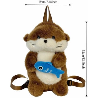 Schattige Otter Met Vis Pluche Rugzakken Kawaii Meisjes Trendy Enkelvoudige Schouder Tas Schattige Casual Studententas voor Vriendin Cadeau brown