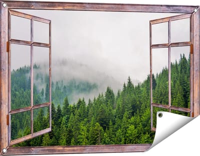 Gards Tuinposter Doorkijk Groen Bos met Bomen tijdens de Mist - 90x60 cm - Tuindoek - Tuindecoratie - Wanddecoratie buiten - Tuinschilderij