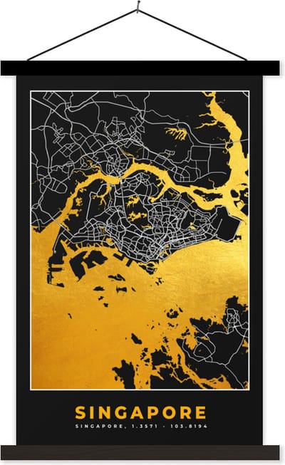 Posterhanger incl. Poster 40x60 cm - Schoolplaat - Singapore - Stadskaart - Goud - Plattegrond - Kaart - Textielposter - Zwarte latten - Stadskaart