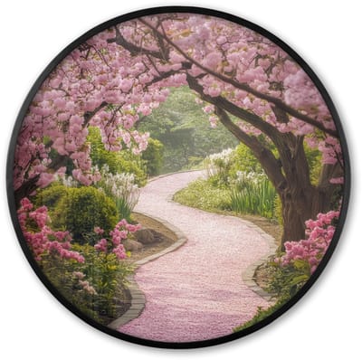 Poster in lijst Rond - Fotolijst 60x60 cm - Posters - Kersenbloesem - Natuur - Sakura - Pad - Japanse tuin - Ronde posterlijst zwart - Decoratie - Wanddecoratie woonkamer - Muurdecoratie slaapkamer