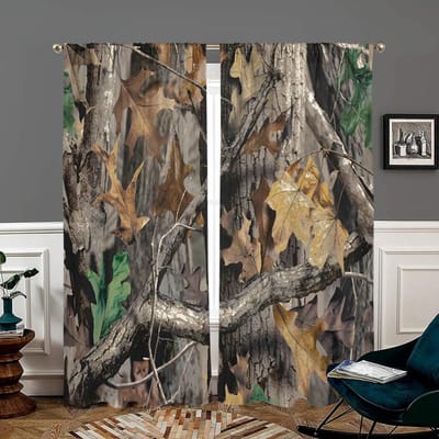 2 stuks, camouflage bosgroen blad tak gordijnen - semi verduisterend - geschikt voor woonkamer, slaapkamer, keuken, huis decora W150CM H166CM&Rod pocket black